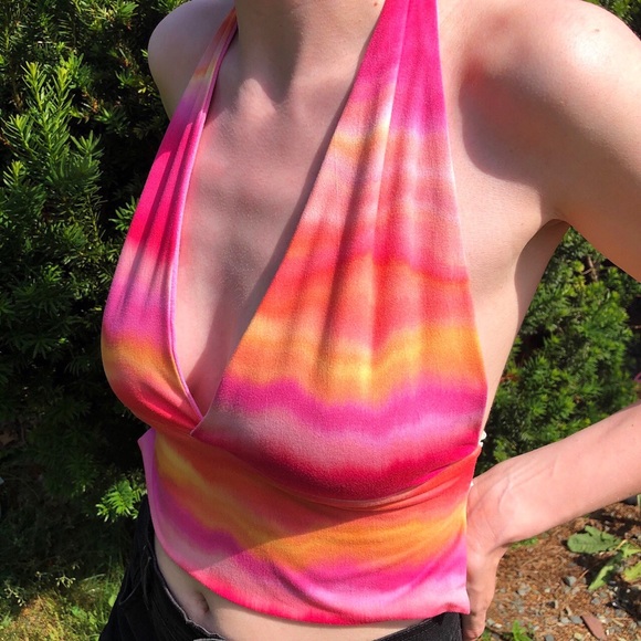 Tops - Handmade Pink Ombre Backless Halter Top - Lace Tie